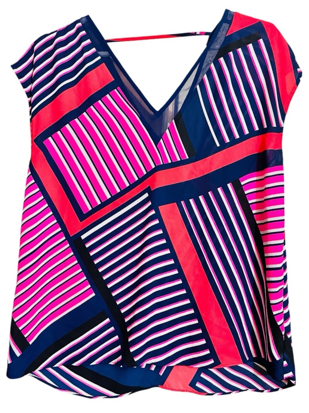 EXPRESS V-Neck Striped Geometric Blouse - Pink & Navy
